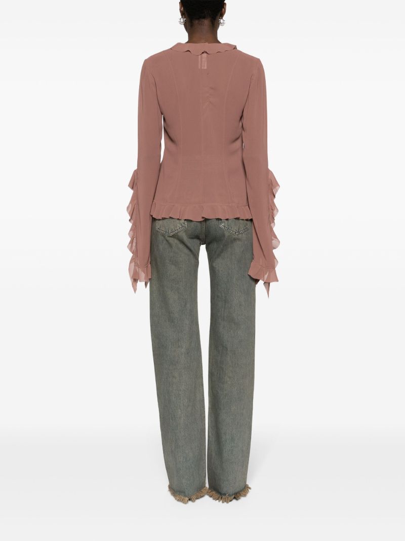 Brown Ruffled Semi-sheer Blouse