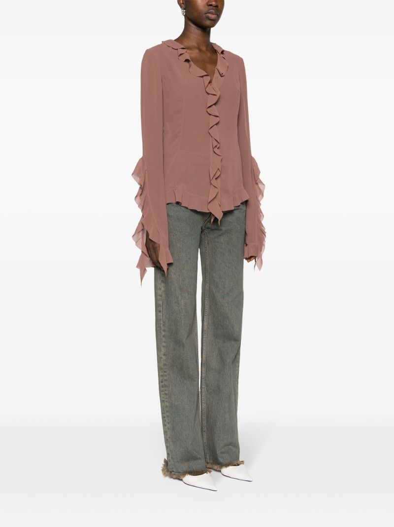 Brown Ruffled Semi-sheer Blouse