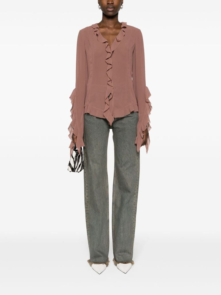Brown Ruffled Semi-sheer Blouse