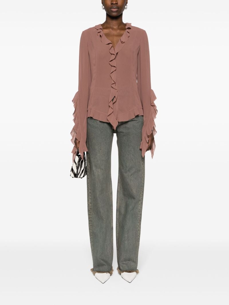 Brown Ruffled Semi-sheer Blouse