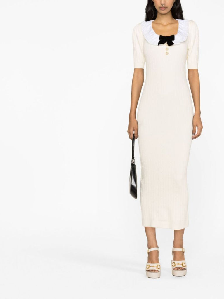 White Bib-collar Knitted Dress