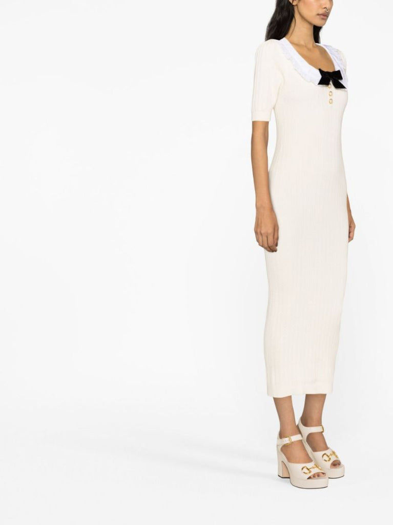 White Bib-collar Knitted Dress