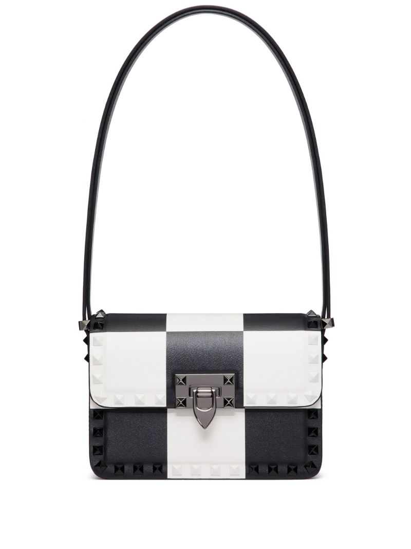 Black and White Rockstud23 Leather Shoulder Bag