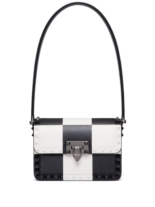 Black and White Rockstud23 Leather Shoulder Bag