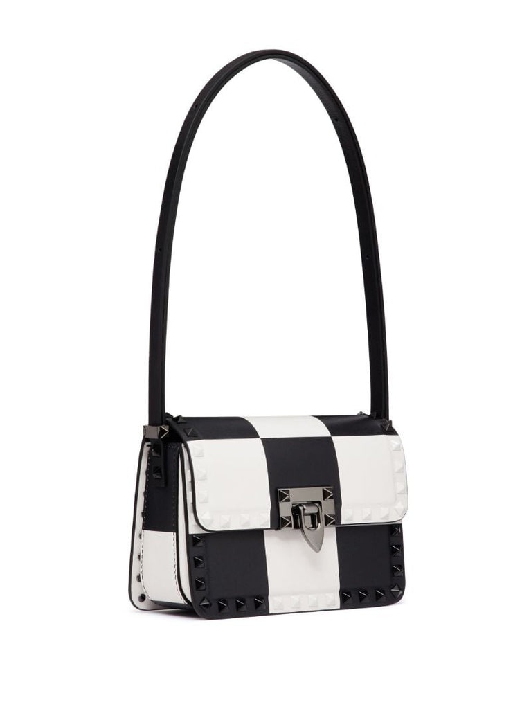 Black and White Rockstud23 Leather Shoulder Bag