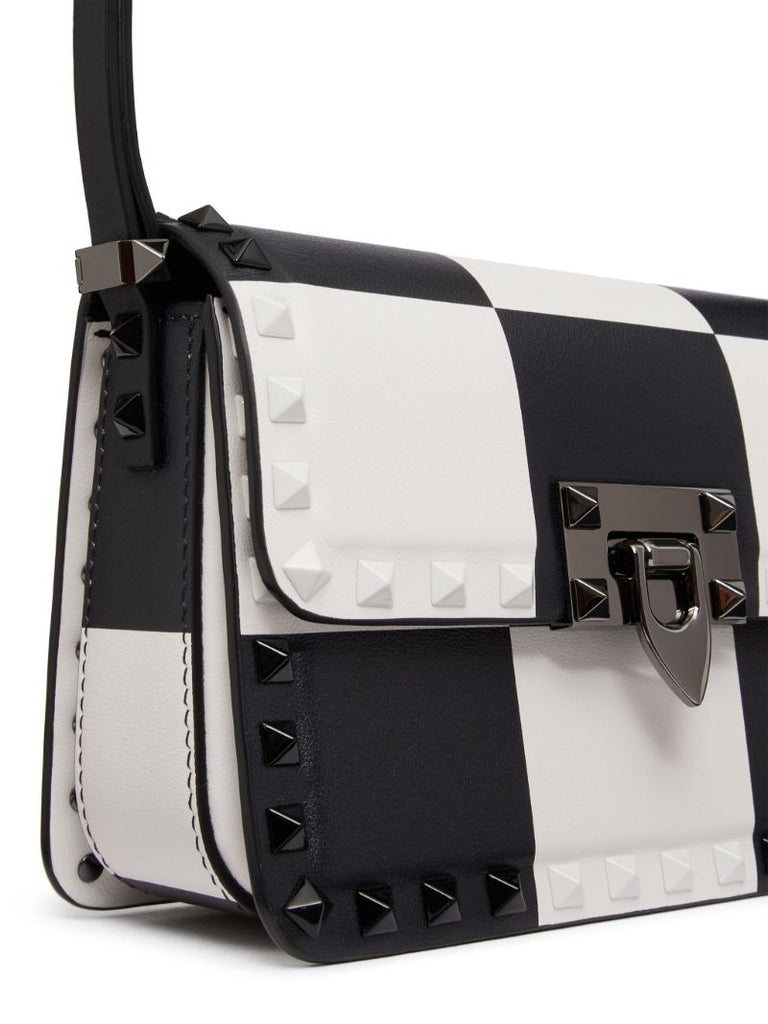 Black and White Rockstud23 Leather Shoulder Bag