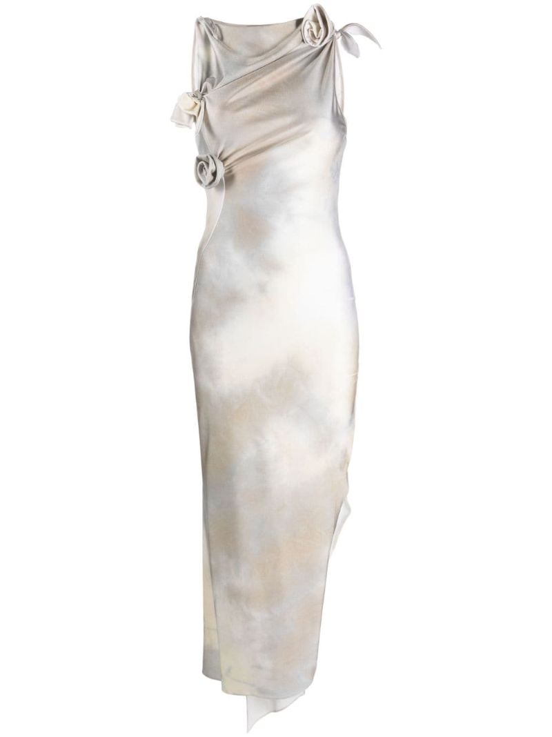 Neutral Flower-appliquÃ© Midi Dress
