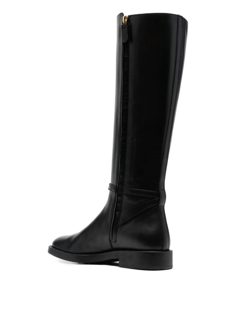 Black Logo-plaque Leather Knee-high Boots