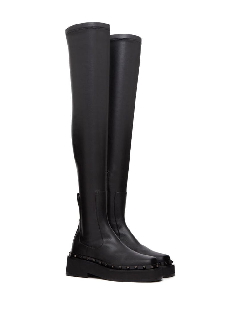 Black Rockstud Above-knee Leather Boots