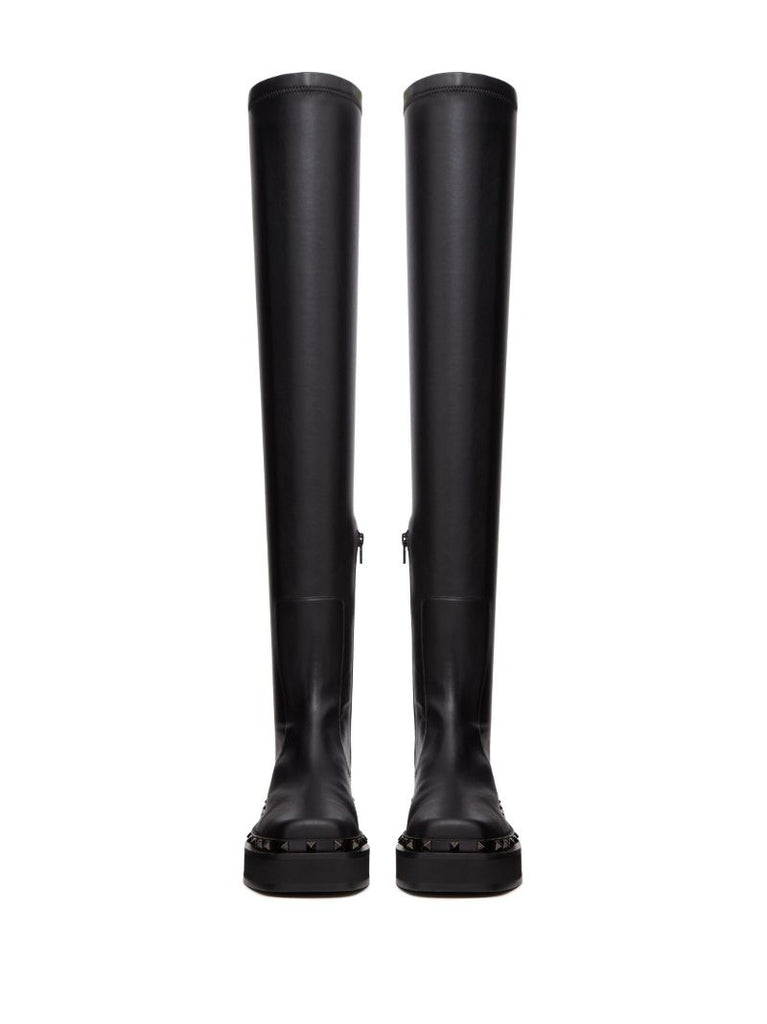 Black Rockstud Above-knee Leather Boots