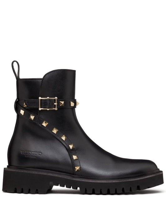 Black Rockstud Leather Ankle Boots