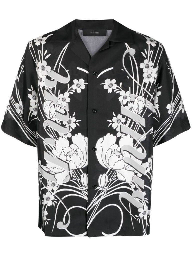 Black Floral Silk Bowling Shirt