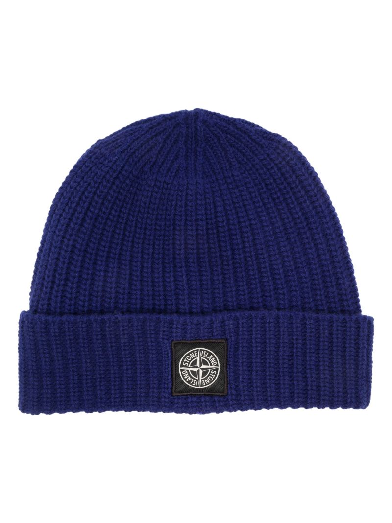 Blue Ribbed Wool Beanie Hat
