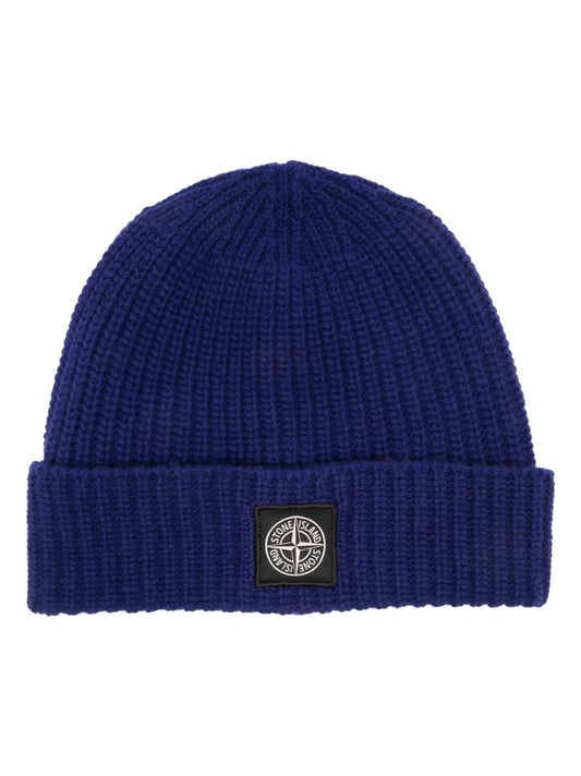 Blue Ribbed Wool Beanie Hat