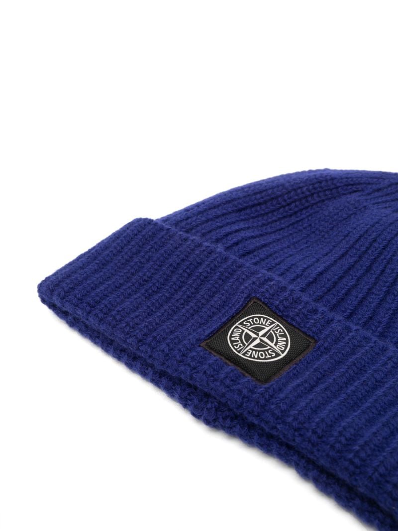 Blue Ribbed Wool Beanie Hat