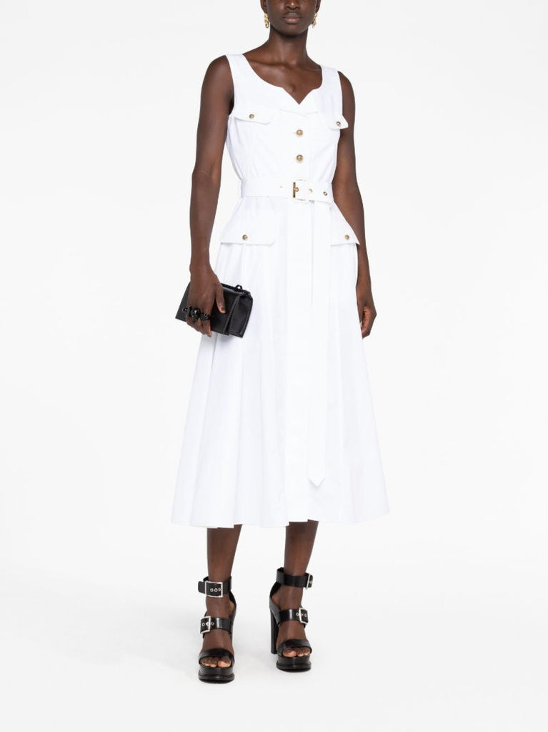 White Belted Poplin Midi Dress