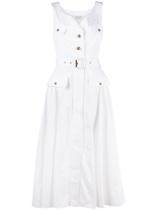 White Belted Poplin Midi Dress