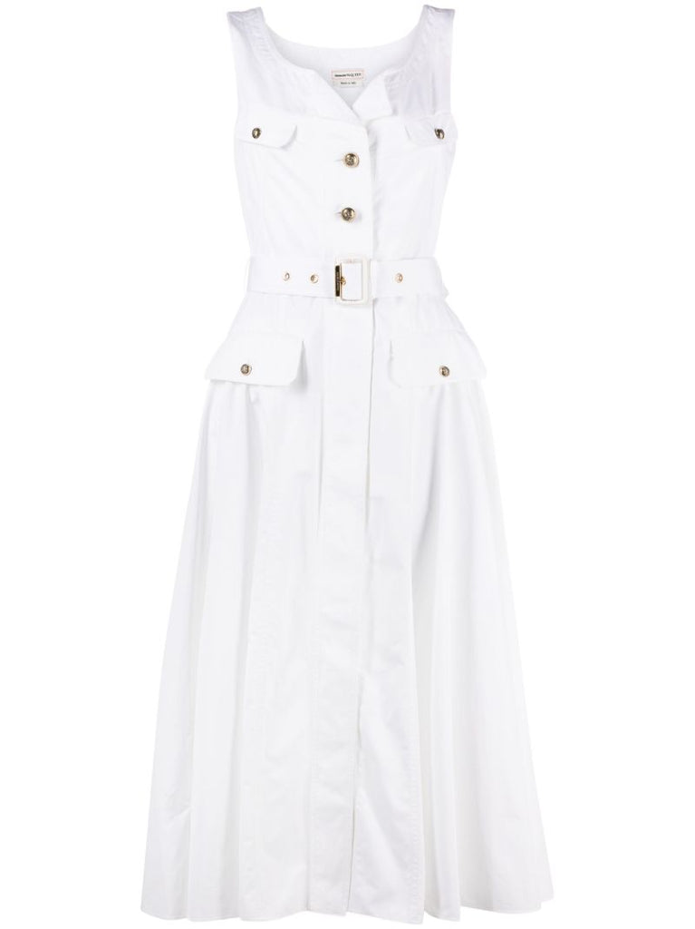 White Belted Poplin Midi Dress