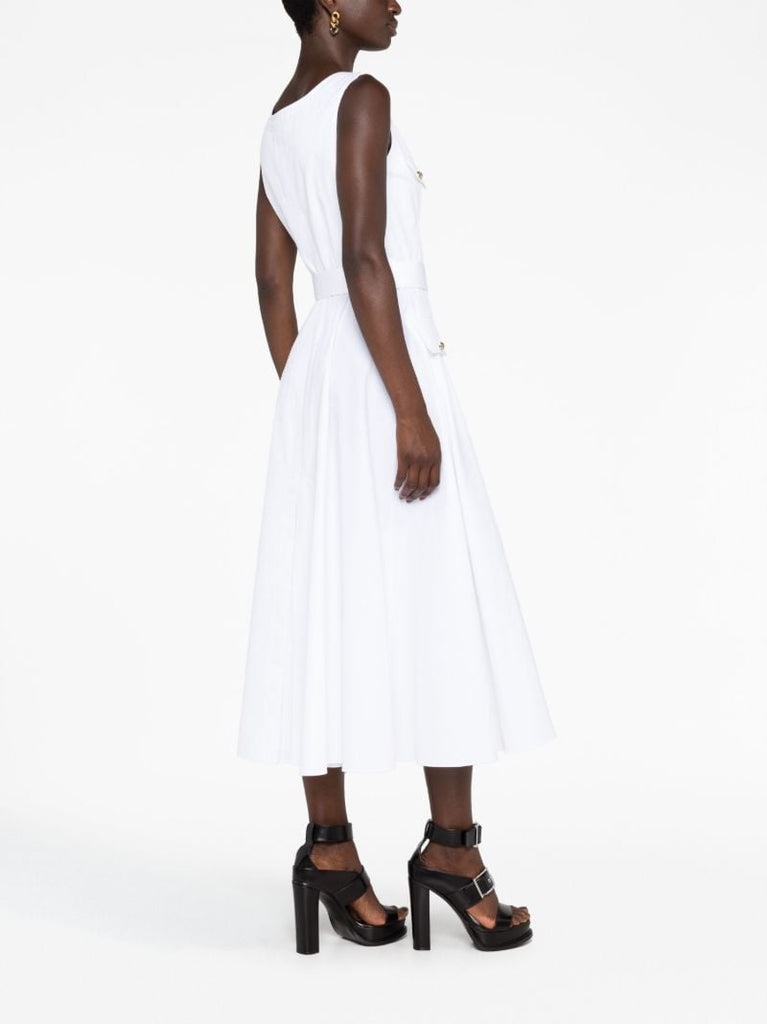 White Belted Poplin Midi Dress