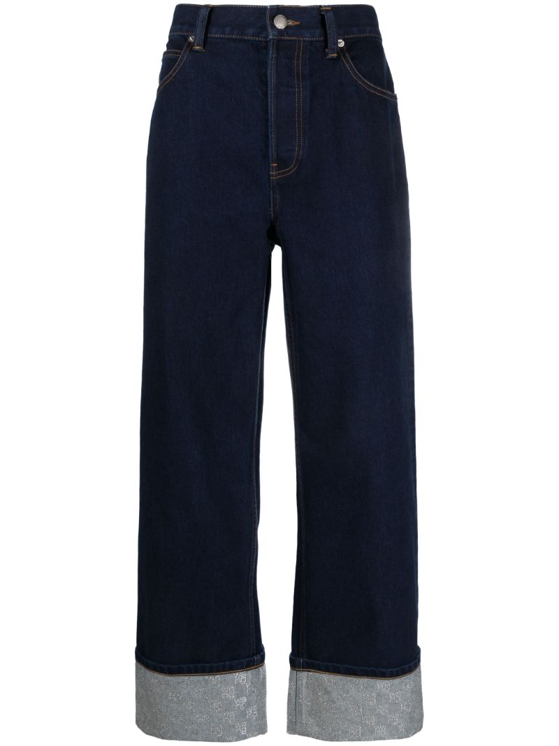 Blue Crystal-embellished Cuffs Wide-leg Jeans