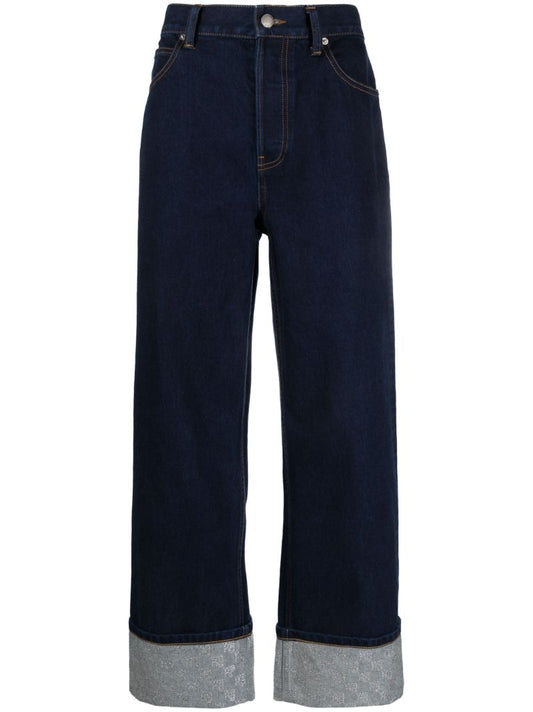 Blue Crystal-embellished Cuffs Wide-leg Jeans