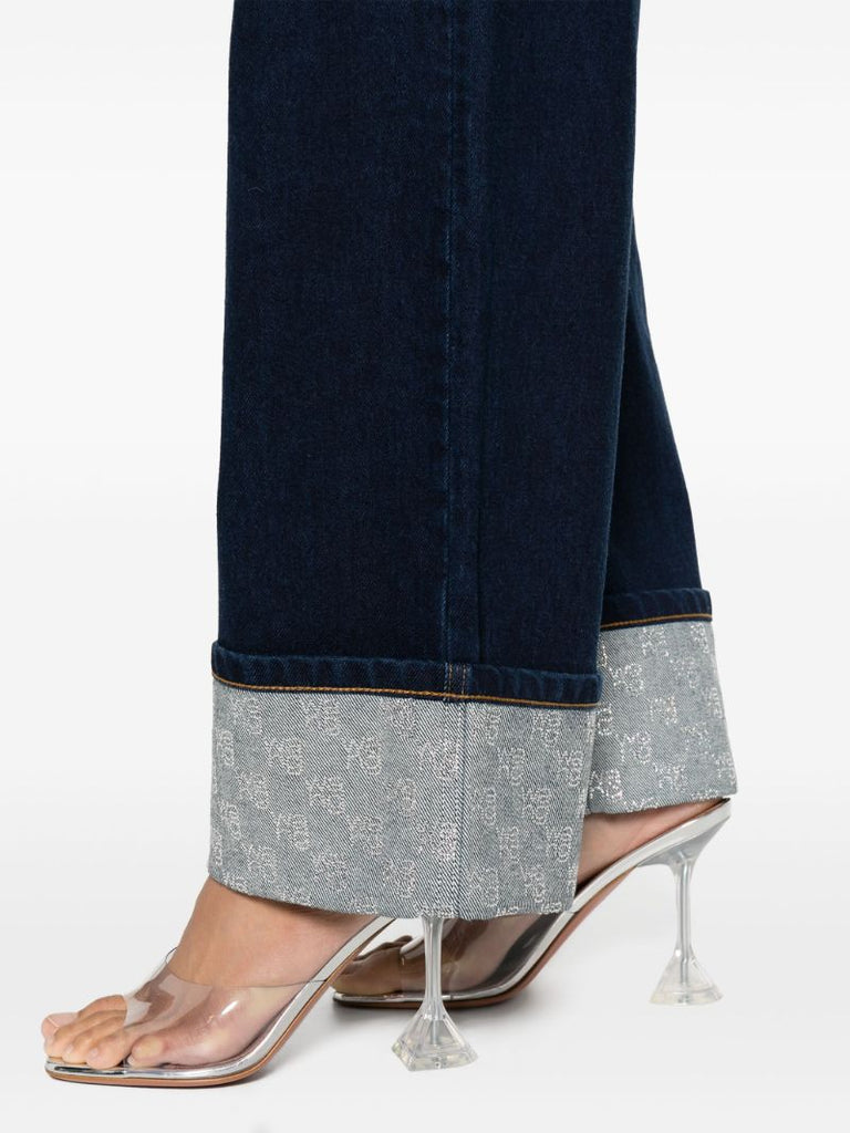 Blue Crystal-embellished Cuffs Wide-leg Jeans