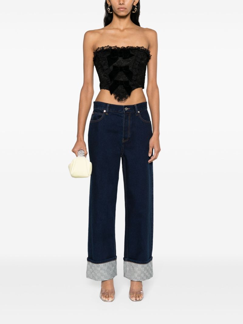 Blue Crystal-embellished Cuffs Wide-leg Jeans