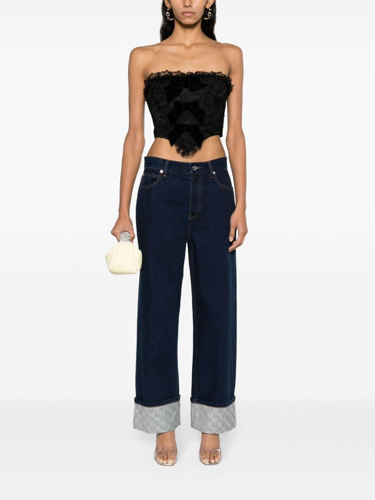 Blue Crystal-embellished Cuffs Wide-leg Jeans