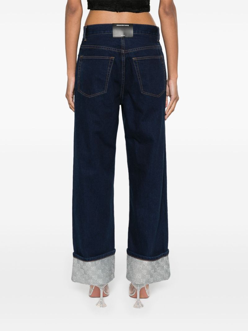 Blue Crystal-embellished Cuffs Wide-leg Jeans