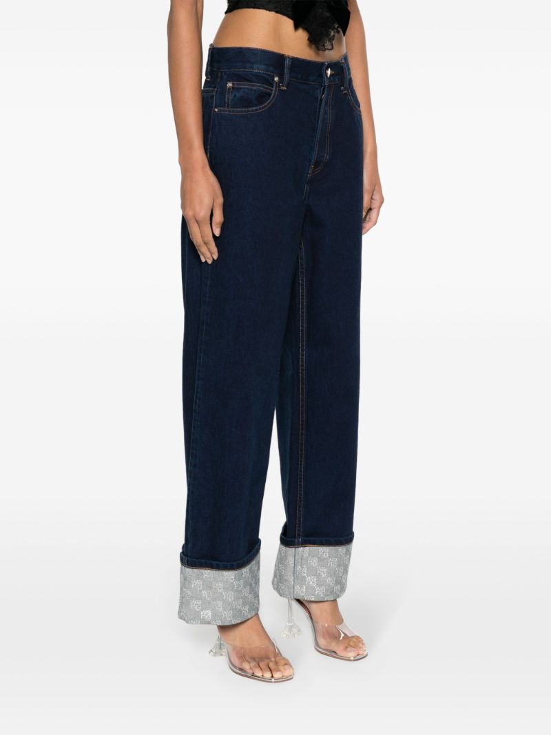 Blue Crystal-embellished Cuffs Wide-leg Jeans