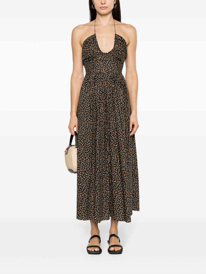 Black Floral-print Halterneck Cotton Dress
