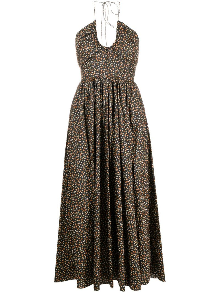 Black Floral-print Halterneck Cotton Dress