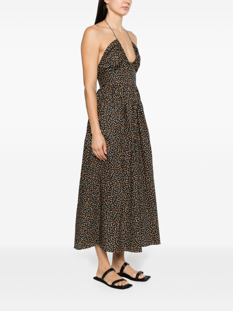 Black Floral-print Halterneck Cotton Dress