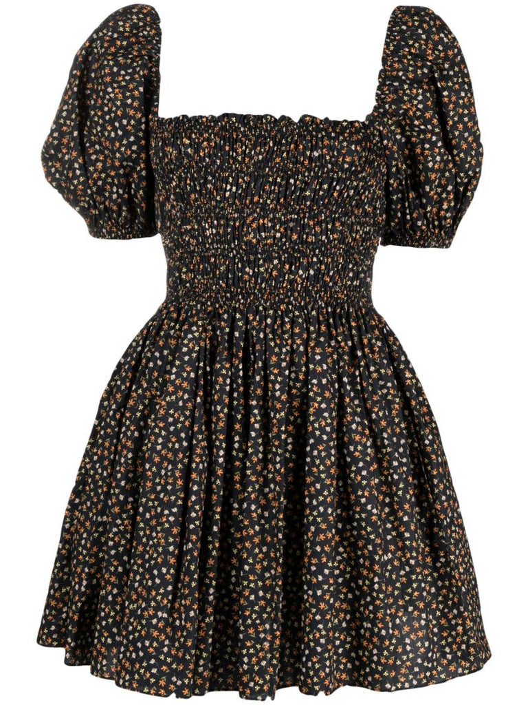 Black Floral-print Puff Sleeve Dress