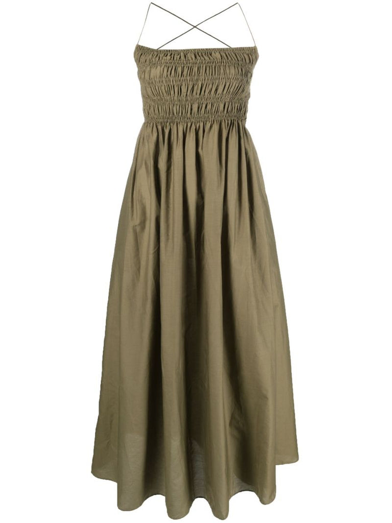 Green Shirred Cotton Midi Dress