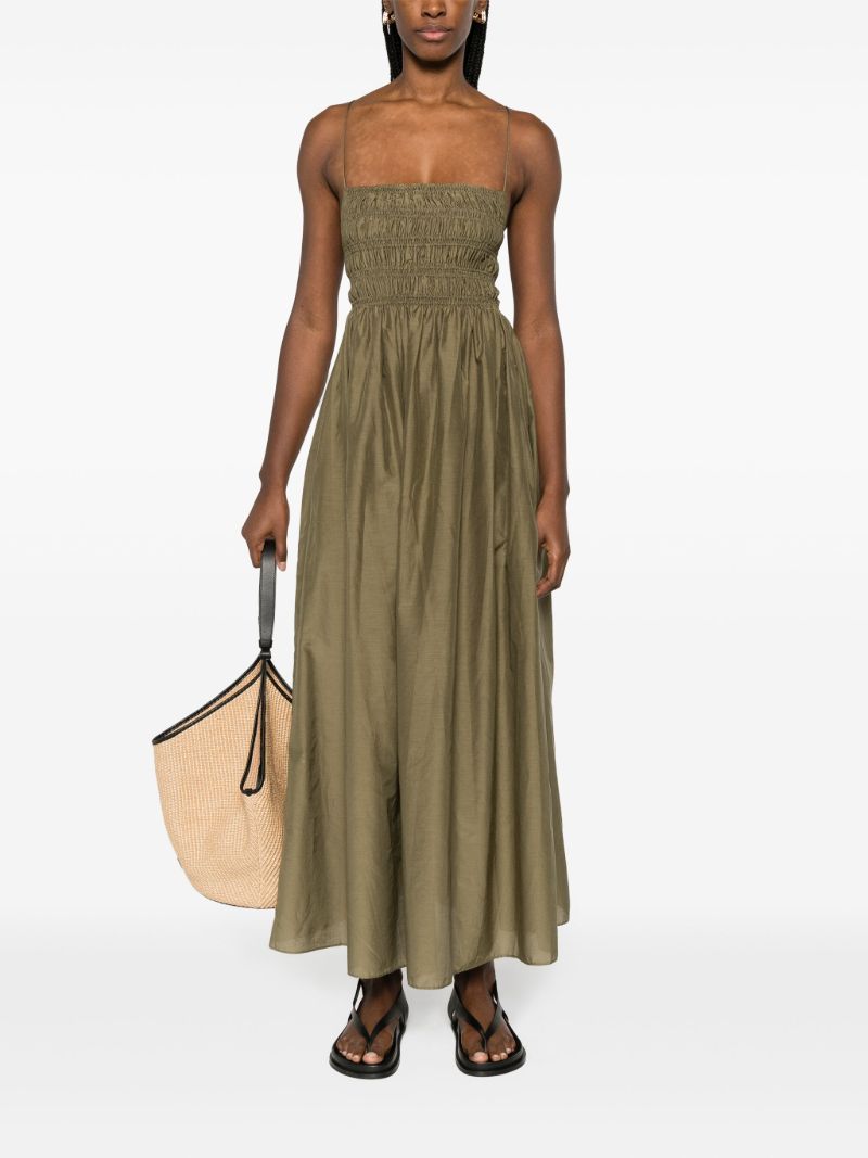 Green Shirred Cotton Midi Dress