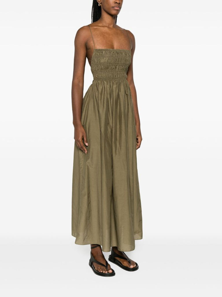 Green Shirred Cotton Midi Dress