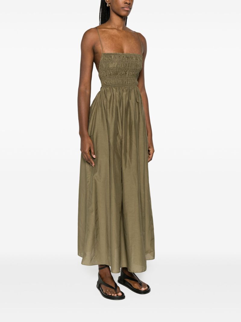 Green Shirred Cotton Midi Dress