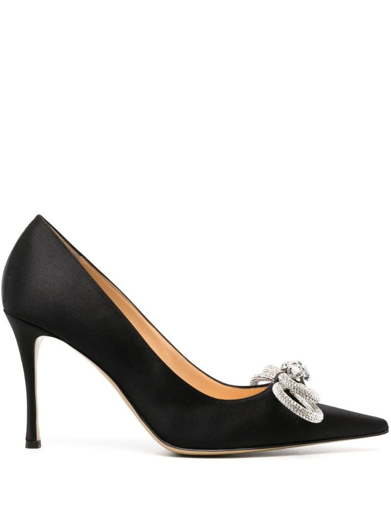 Black Double Bow 95 Crystal Satin Pumps