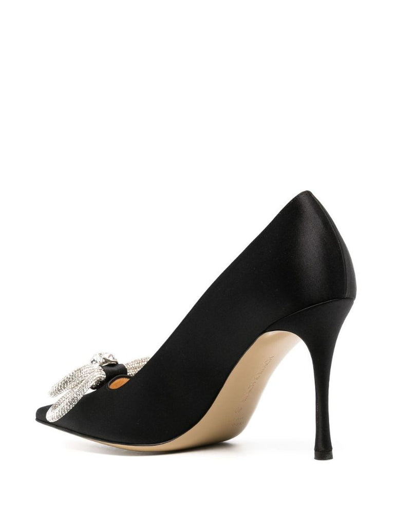 Black Double Bow 95 Crystal Satin Pumps