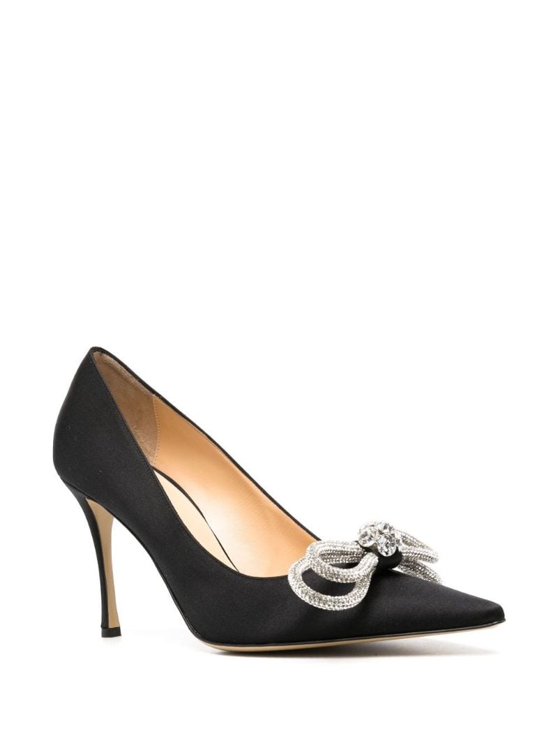 Black Double Bow 95 Crystal Satin Pumps