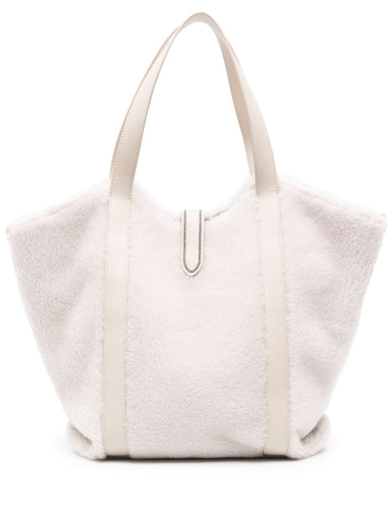 White Monili-embellished Fleece Shopper Bag