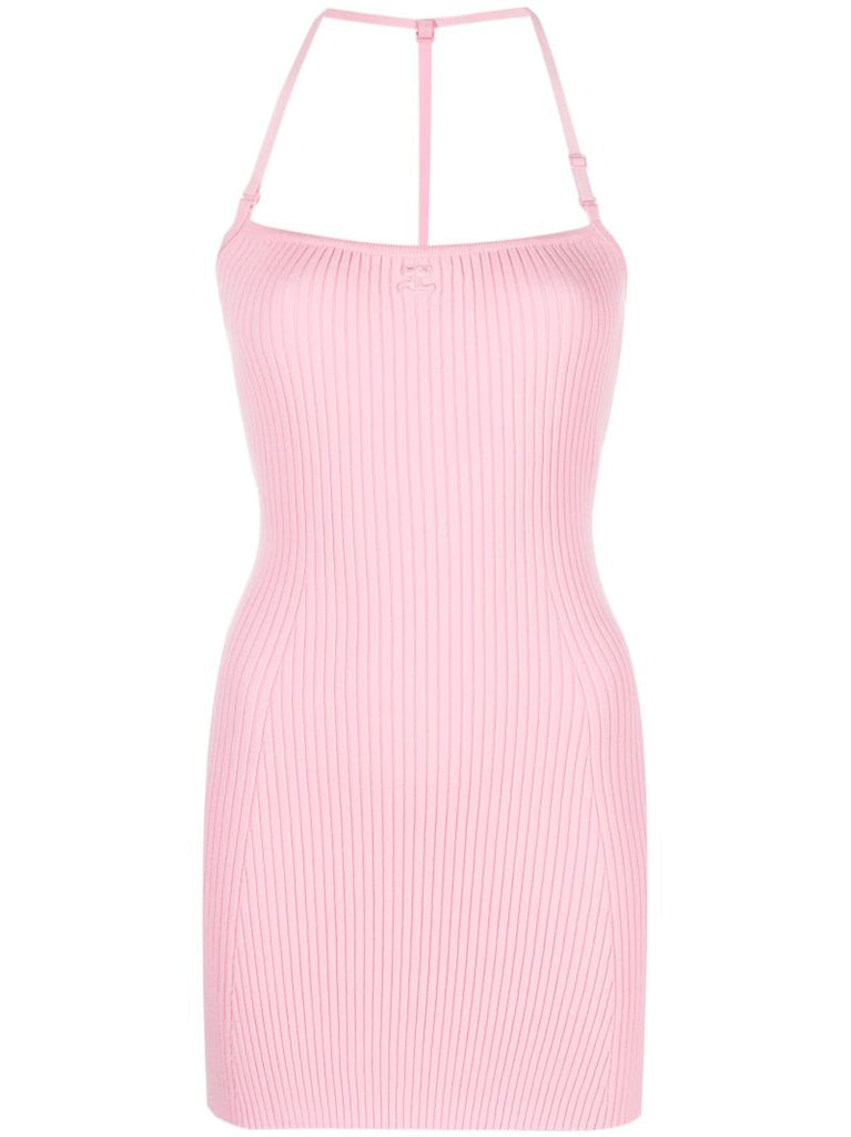 Pink Logo-embroidered Ribbed Mini Dress