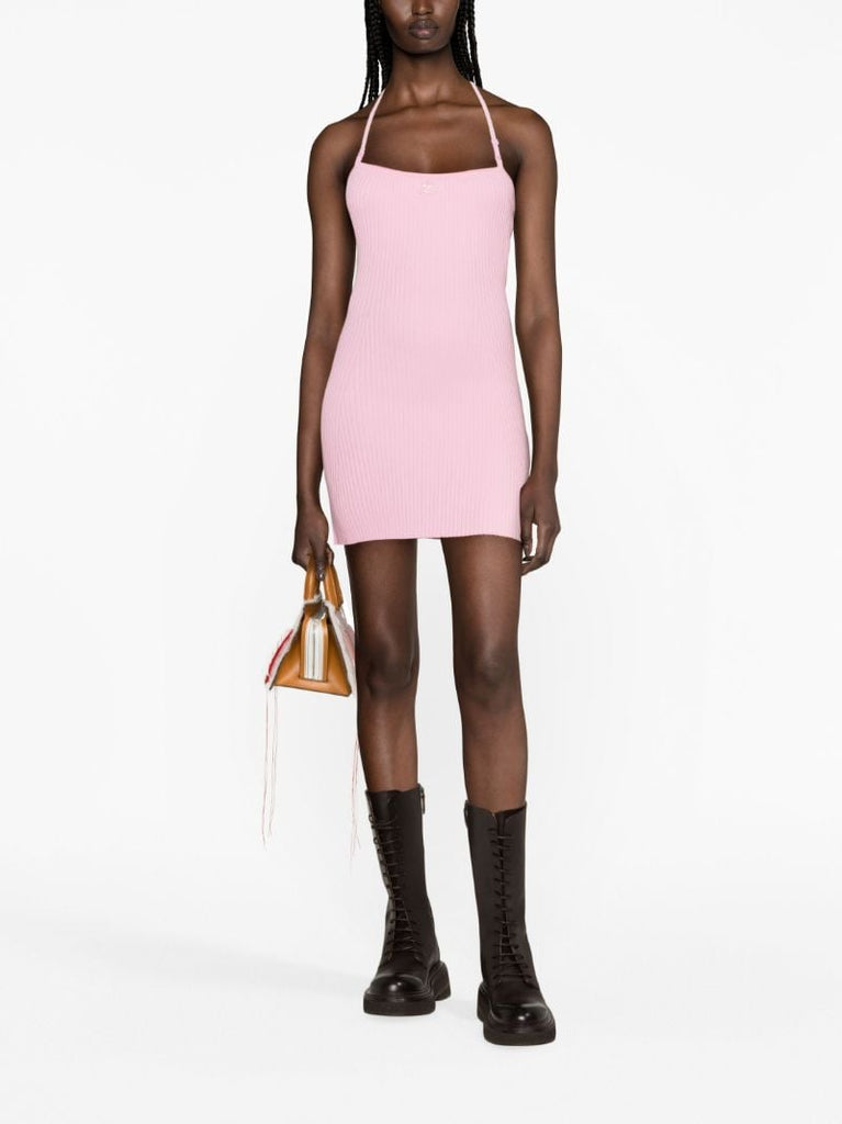 Pink Logo-embroidered Ribbed Mini Dress