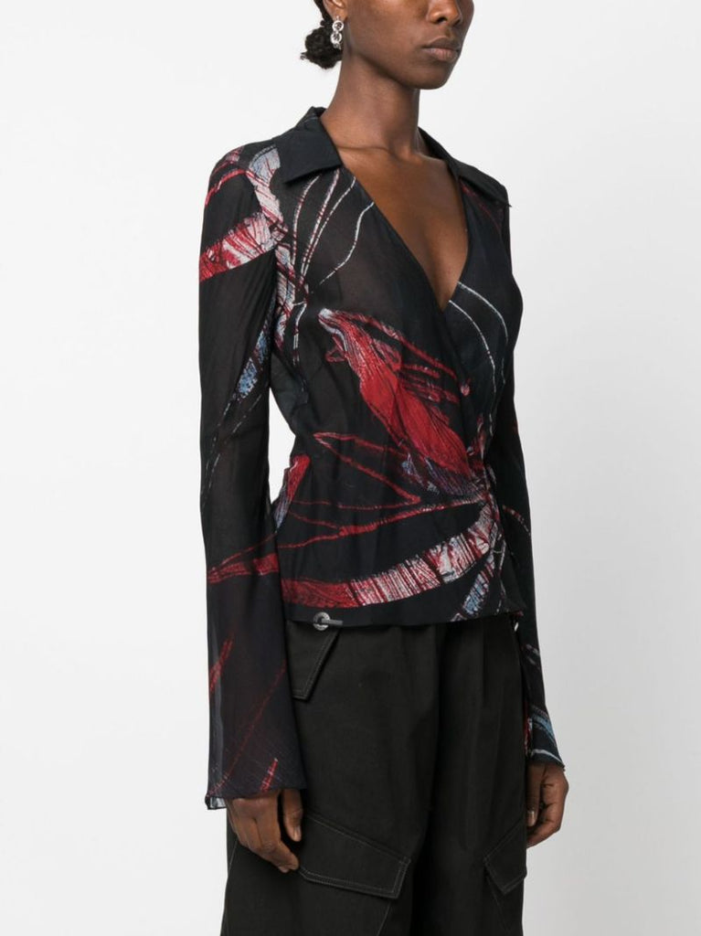 Black Printed Silk Wrap Blouse
