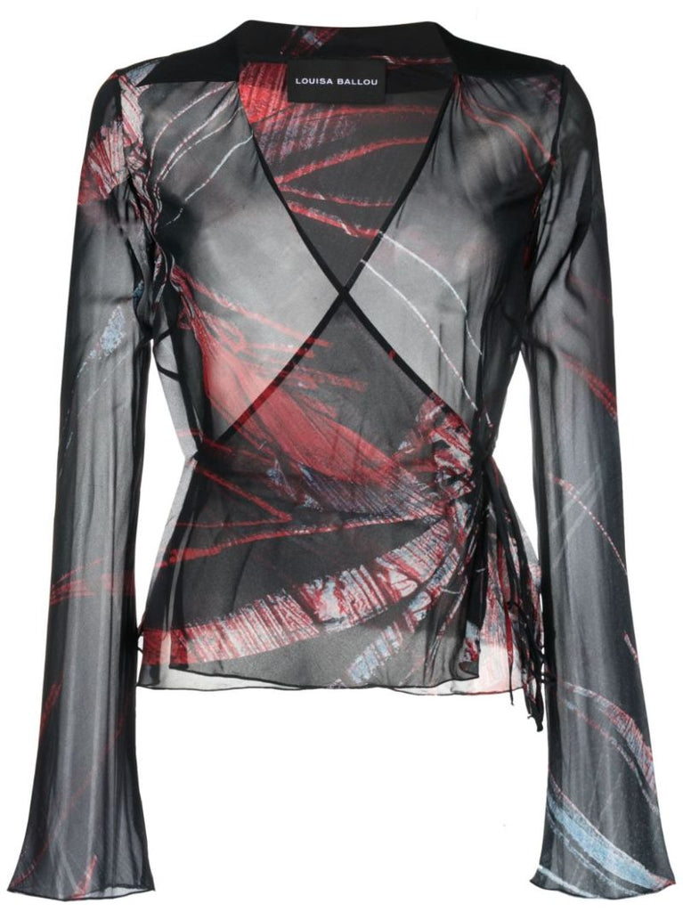 Black Printed Silk Wrap Blouse