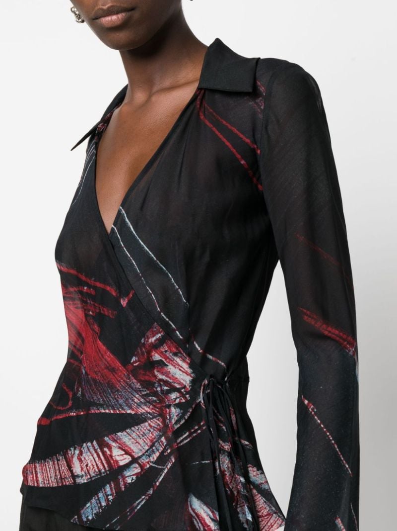 Black Printed Silk Wrap Blouse