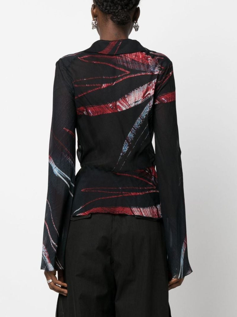 Black Printed Silk Wrap Blouse