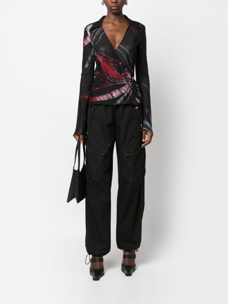 Black Printed Silk Wrap Blouse