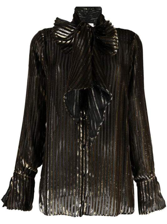 Black Pussy-bow Metallic Blouse